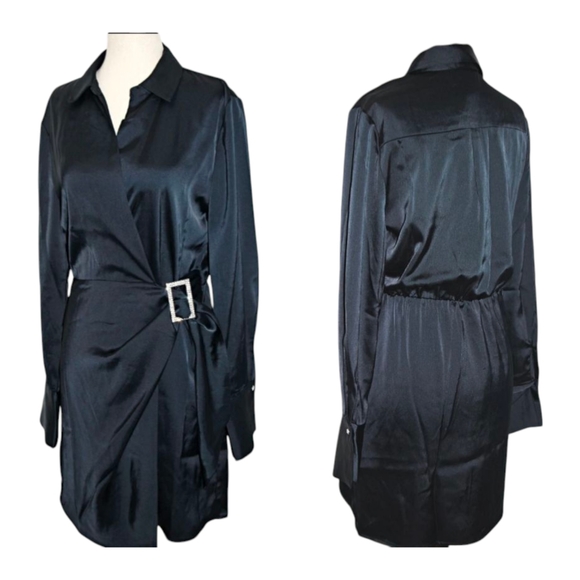 House of Harlow 1960 Dresses & Skirts - House of Harlow 1960 Black Satin Rhinestone Buckle Wrap Mini Dress | Size S